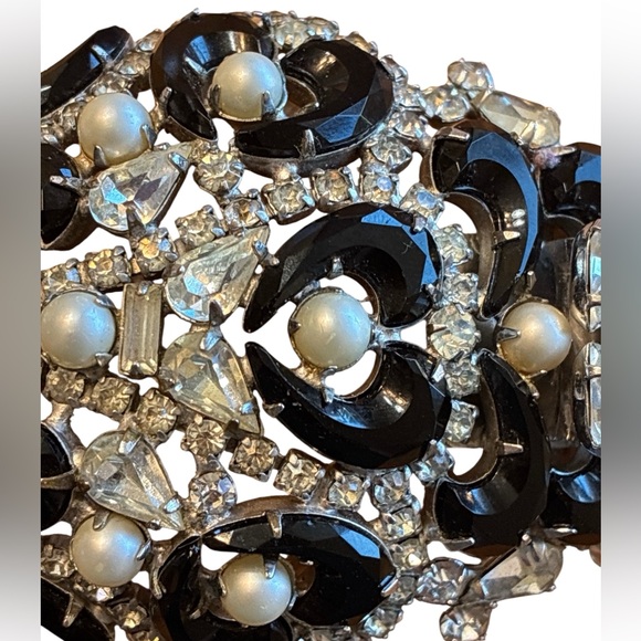 Vintage Brania Runway Black Glass & Clear Rhinestone Pearl Statement Necklace - Picture 5 of 9